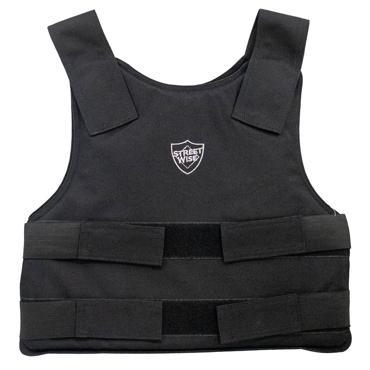 Front view of black Streetwise SW3ABV Level IIIA ballistic vest with adjustable straps
