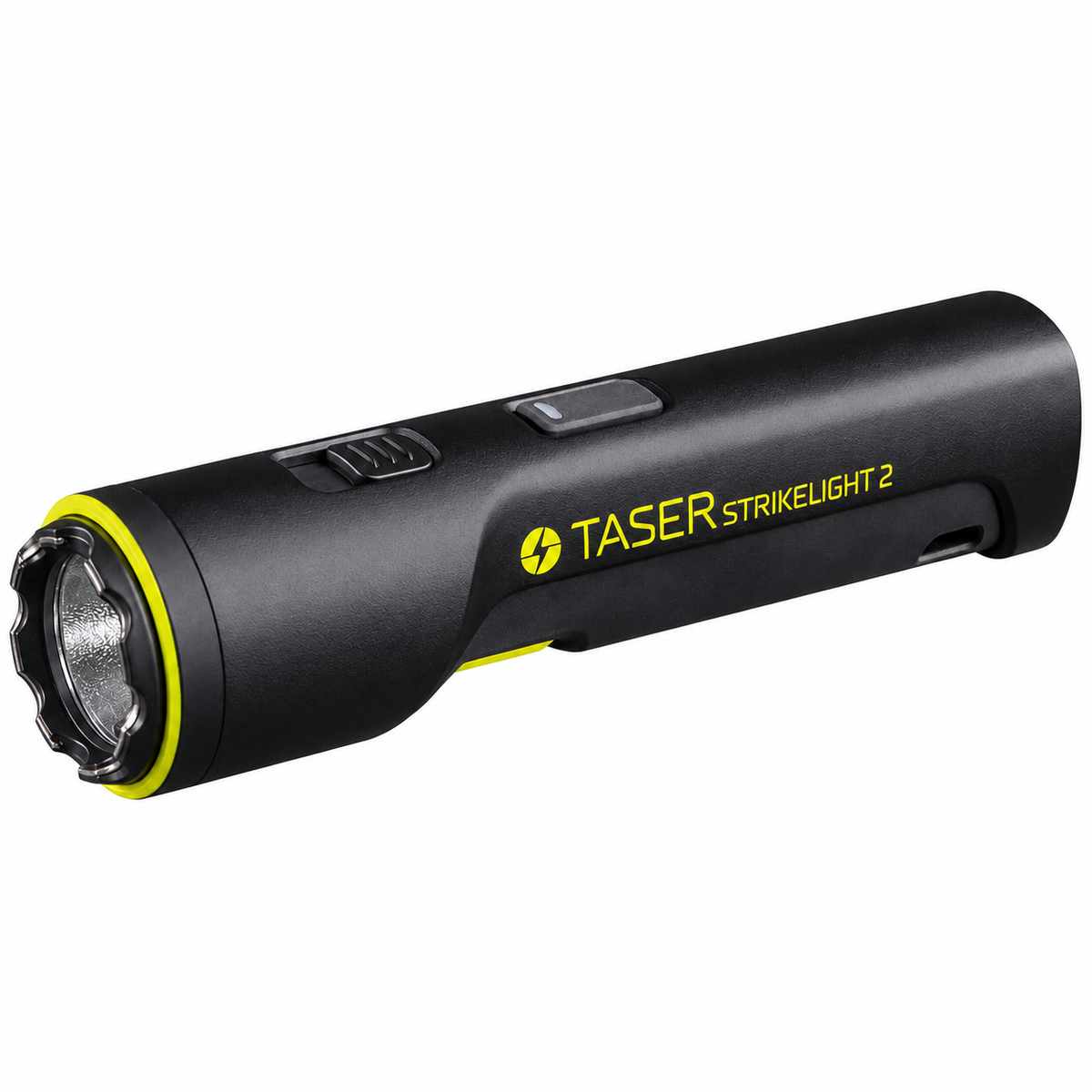 Black TASER StrikeLight 2 stun flashlight on a white background