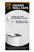 Hidden wall outlet diversion safe designed to conceal cash, jewelry, spare keys, documents, and other small valuables inside a discreet wall-mounted storage compartment