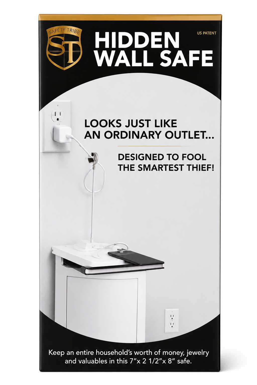 Hidden wall outlet diversion safe designed to conceal cash, jewelry, spare keys, documents, and other small valuables inside a discreet wall-mounted storage compartment