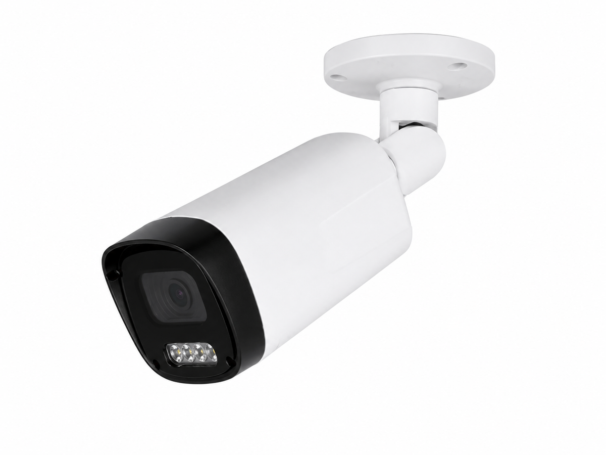 White Montavue Nexus 4MP bullet camera with black lens face and adjustable mounting arm.